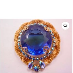 Vintage HUGE Blue Rhinestone Pin